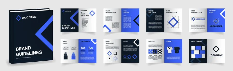 Dark blue Brand Guidelines template. Brand Manual presentation in A4 size. Logo Stock Illustration