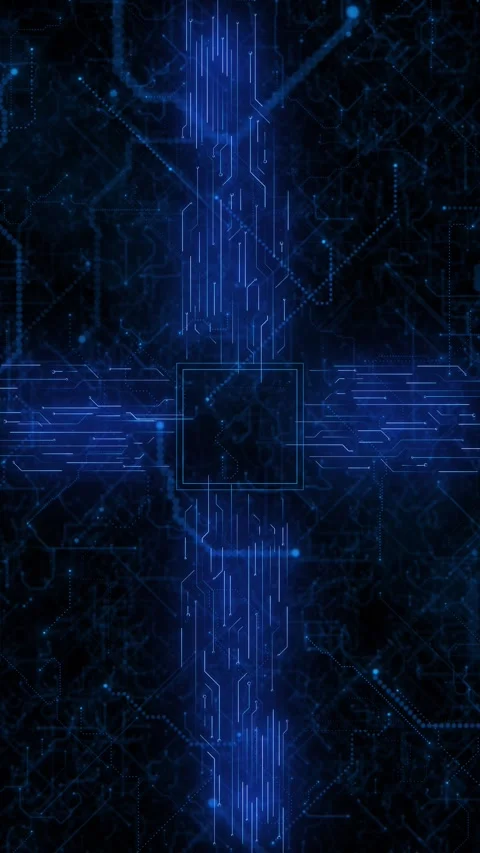 Dark blue circuit board background glowing electronic traces, central square chi Stock Footage 340526065