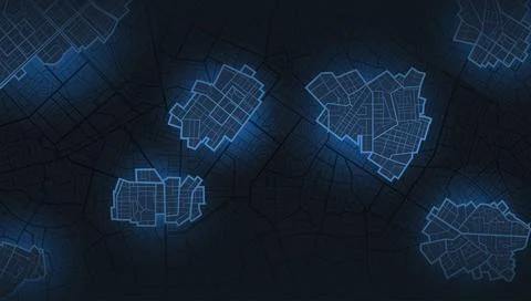 Dark blue city map background with glowing highlighted districts and zoning plan Stock-Illustration