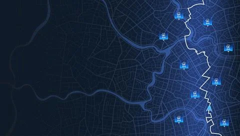 Dark blue city map background with ev charging station locations and river. Stock Illustration