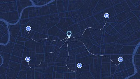 Dark blue city map with central location pin connected to nearby amenities icons Stock Illustration