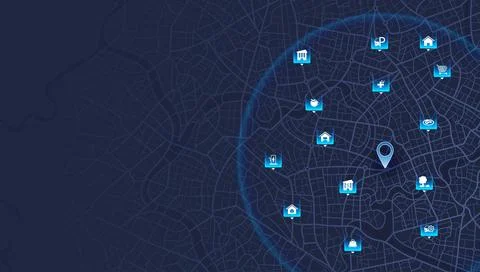 Dark blue city map with glowing location pins for various services and points of Stock Illustration