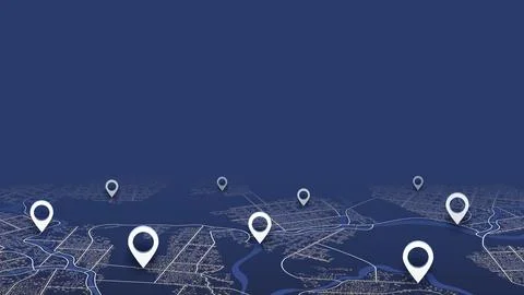 Dark blue city map navigation concept with white location markers in perspective Stock-Illustration