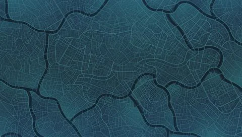 Dark blue city map pattern with winding rivers and intricate street network Illustrazione stock