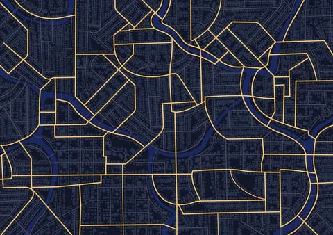 Dark blue city map pattern with yellow road network and river. Abstract urban Stock Illustration
