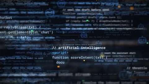 Dark blue code background with artificial intelligence comments chatbot robot 動画素材 344558941