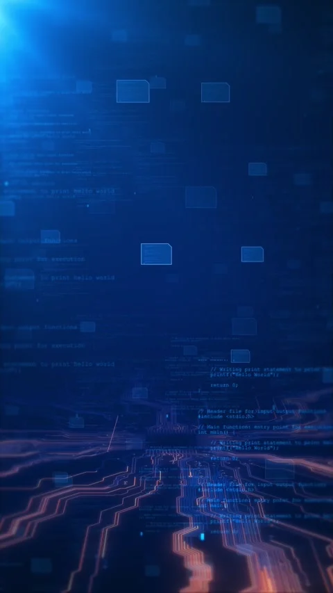 Dark blue coding technology glowing circuit floor, floating panels, and software Stock Footage 340453833