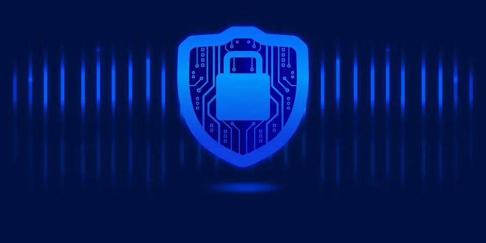 Dark Blue Cybersecurity Shield with Glowing Padlock and Circuit Board Background 스톡 일러스트