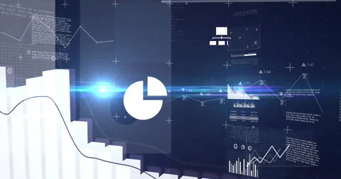 Dark blue data analytics dashboard displaying 3D bar chart, line graph, solid Stock Footage 309109795