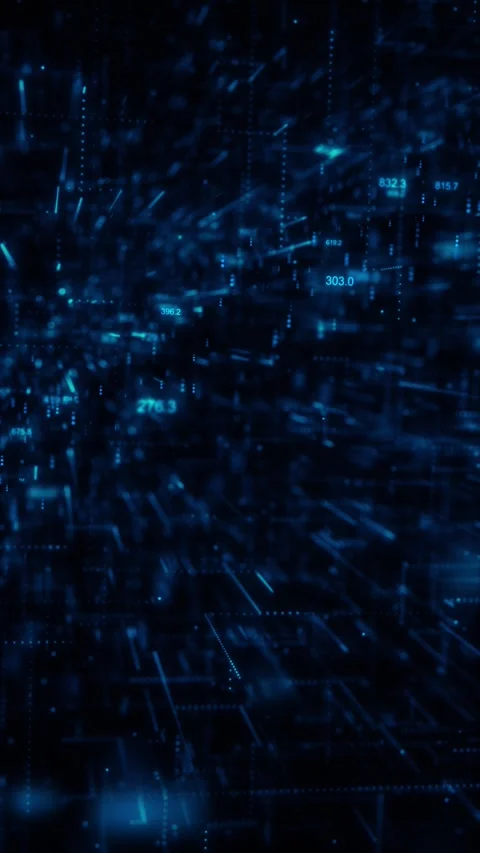 Dark blue data city glowing numbers, blurred digital structures, dotted lines, Stock Footage 340479777