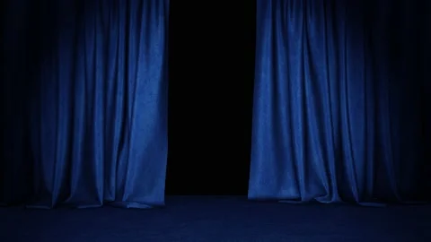 Dark blue denim curtain with blue carpet flooring 3D animation with alpha Stock Footage