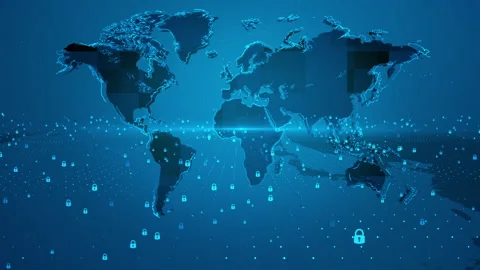 Dark Blue Digital Business Security Key World Map Background Stock Footage 339043941