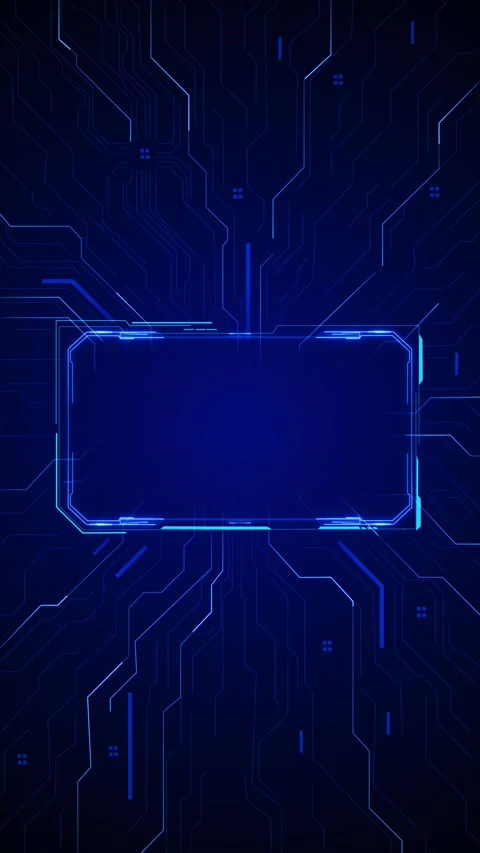 Dark blue digital circuit panel cyan neon border, electronic line paths, clean c Stock Footage 340456770