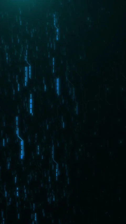Dark blue digital circuit rain falling vertical light traces, tiny particles, an Stock Footage 340556346