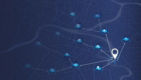 Dark blue digital city map with white location pin connected Stock Illustration