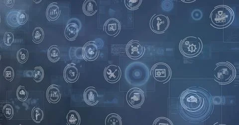 Dark blue digital interface displaying floating panels linked by thin lines, Stock Photos