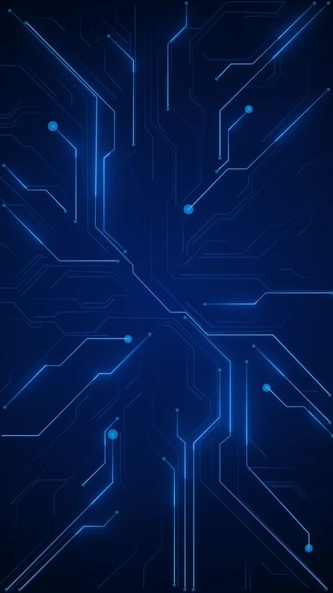Dark blue electronic circuit lines glowing cyan paths, connected nodes, futurist Stock Footage 340457002