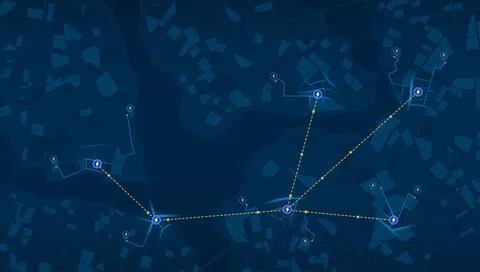 Dark blue energy grid map with glowing power station icons connected by dashed Stock-Illustration