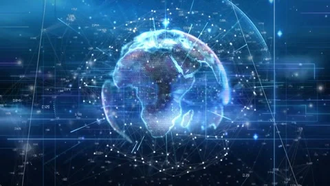 Dark blue field presenting 3D globe rotating east and emitting data lines for Stock Footage 319682459