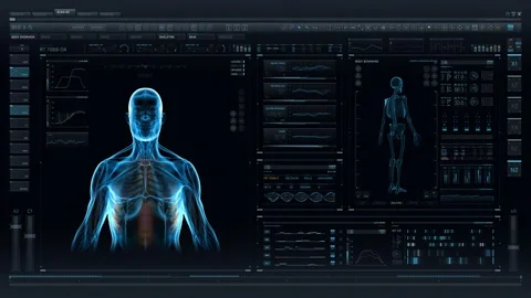 Dark blue futuristic Interface showing analysis of human male anatomy scan Stock-Footage 146553333