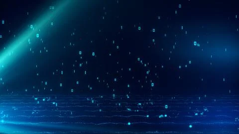 Dark blue glowing particles with binary data of 1 and 0 rain Stock Illustration