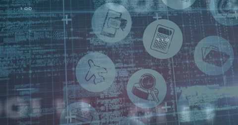 Dark blue grid displaying binary code initiating circular icons fading into view Video stock 309722858