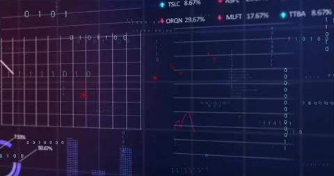 Dark blue grid forming, binary digits appearing charts pulsing and code Video stock 311584993