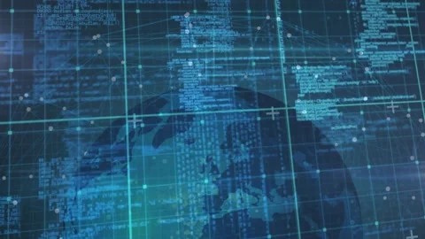 Dark blue grid starting while 3D globe emerging and rotating with code scrolling Stock Footage 318115271