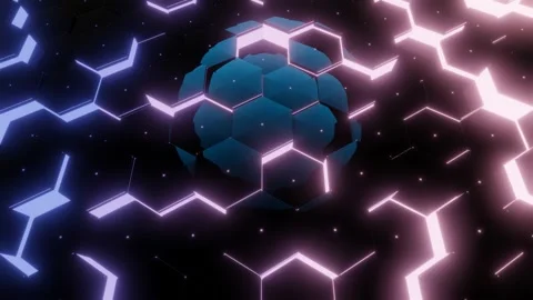 Dark blue hexagonal pattern glows with neon and pink light, honeycomb reflects Stock Footage 300657030
