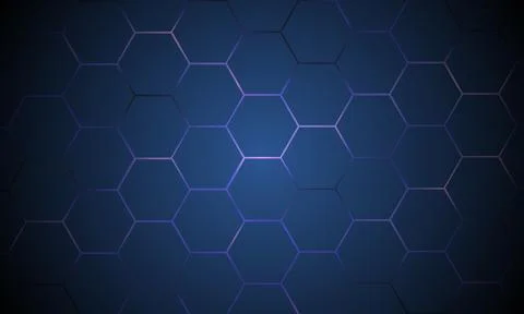 Dark blue hexagonal technology background with subtle purple glowing outlines Stock Illustration