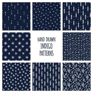 Dark blue indigo set of patterns. Hand drawn vector triblal backgrounds with Stock Illustration