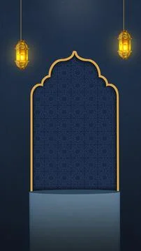 A dark blue Islamic background featuring a 3D cylindrical podium, a golden .. Stock Photos