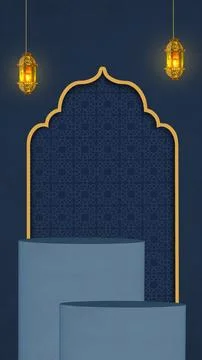 A dark blue Islamic background featuring a 3D cylindrical podium, a golden .. Stock Photos