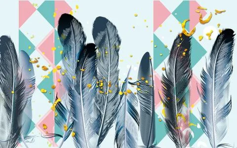 Dark blue large feathers on a background of pink and green triangles Stock Illustration