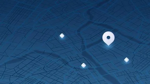 Dark blue map interface with large white location pin and glowing markers Stock-Illustration
