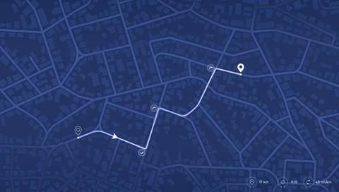 Dark blue map interface showing running route with distance and time stats Stock-Illustration