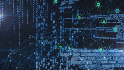 Dark blue mesh showing floating alphanumeric code snippets connecting green Stock Footage 308657448