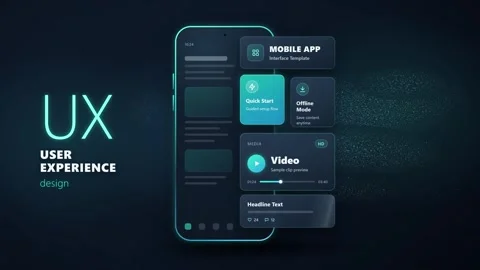 Dark Blue Mobile App UI UX Interface Design with Interactive Elements Stock Footage 347869859