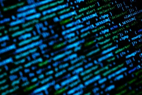 Dark blue monitor with programming code. Technology abstract background. Boke Stock Photos
