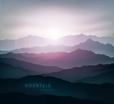 Dark blue mountain landscape with fog and a sunrise and sunset Stock Illustration