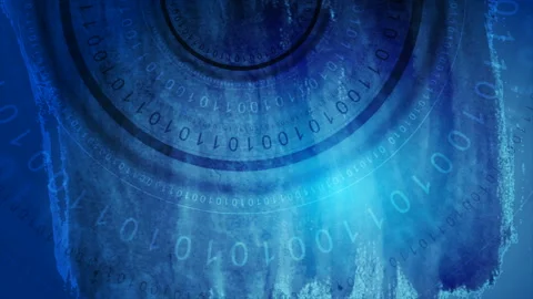Dark blue moving round binary code on grunge watercolor background Stock Footage 141982718