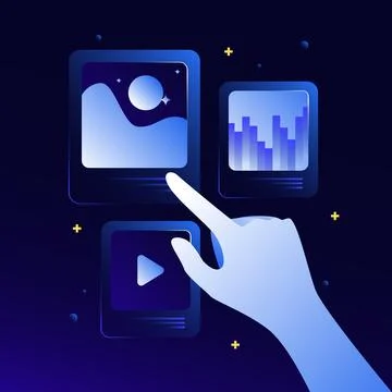 Dark Blue NFT Illustration. Design Composition with Hand and Photos and Videos Stock Illustration