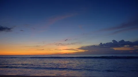 Dark blue ocean with big waves and vivid yellow and red sky after sunset Stock Footage 115054652