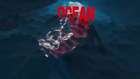 Dark blue ocean surface seen from underwater. Red inscription. 3D animation Stock Footage 139757952