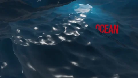 Dark blue ocean surface seen from underwater. Red inscription. 3D animation Stock Footage 139757967