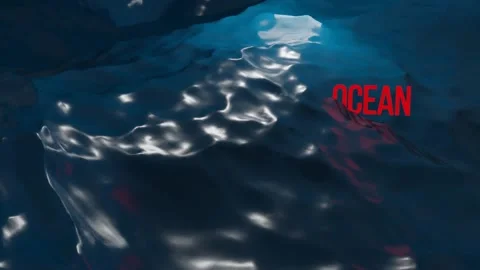 Dark blue ocean surface seen from underwater. Red inscription. 3D animation. Stock Footage 139801976