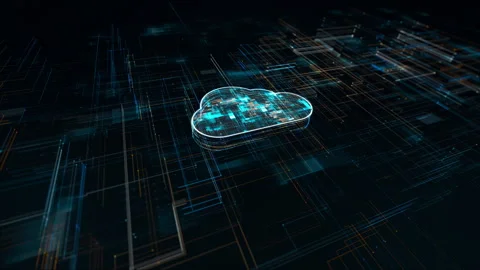 Dark blue particle Cloud computing logo with big data backup concept Stockbeeldmateriaal 241634526