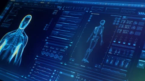 Dark blue perspective futuristic Interface showing analysis of human male Stock Footage 146553120