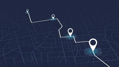 Dark blue perspective map with white route line and navigation pins. Vector Stock Illustration