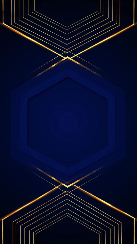 Dark blue polygon frame sharp golden outlines, symmetrical side patterns, deep c Stock Footage 340452880